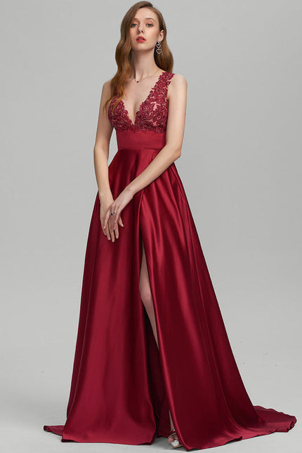Robe Satinée Bordeaux Décolleté Plongeant - gallery 2