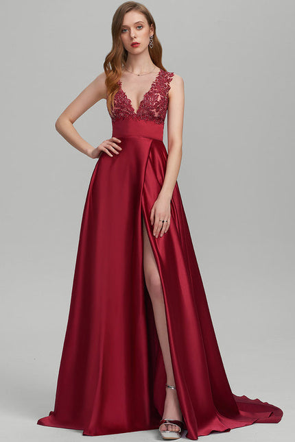 Robe Satinée Bordeaux Décolleté Plongeant - gallery 3