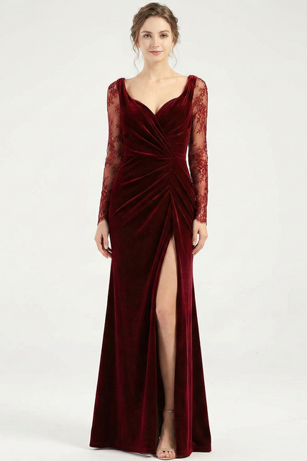 Robe Velours Chic À Manches En Dentelle