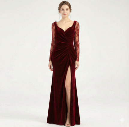 Robe Velours Chic À Manches En Dentelle