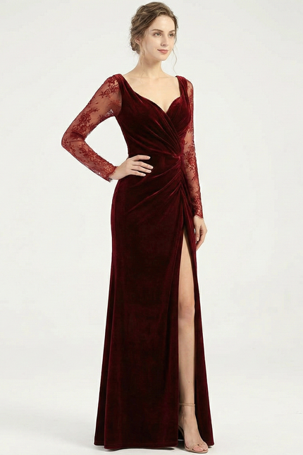 Robe Velours Chic À Manches En Dentelle